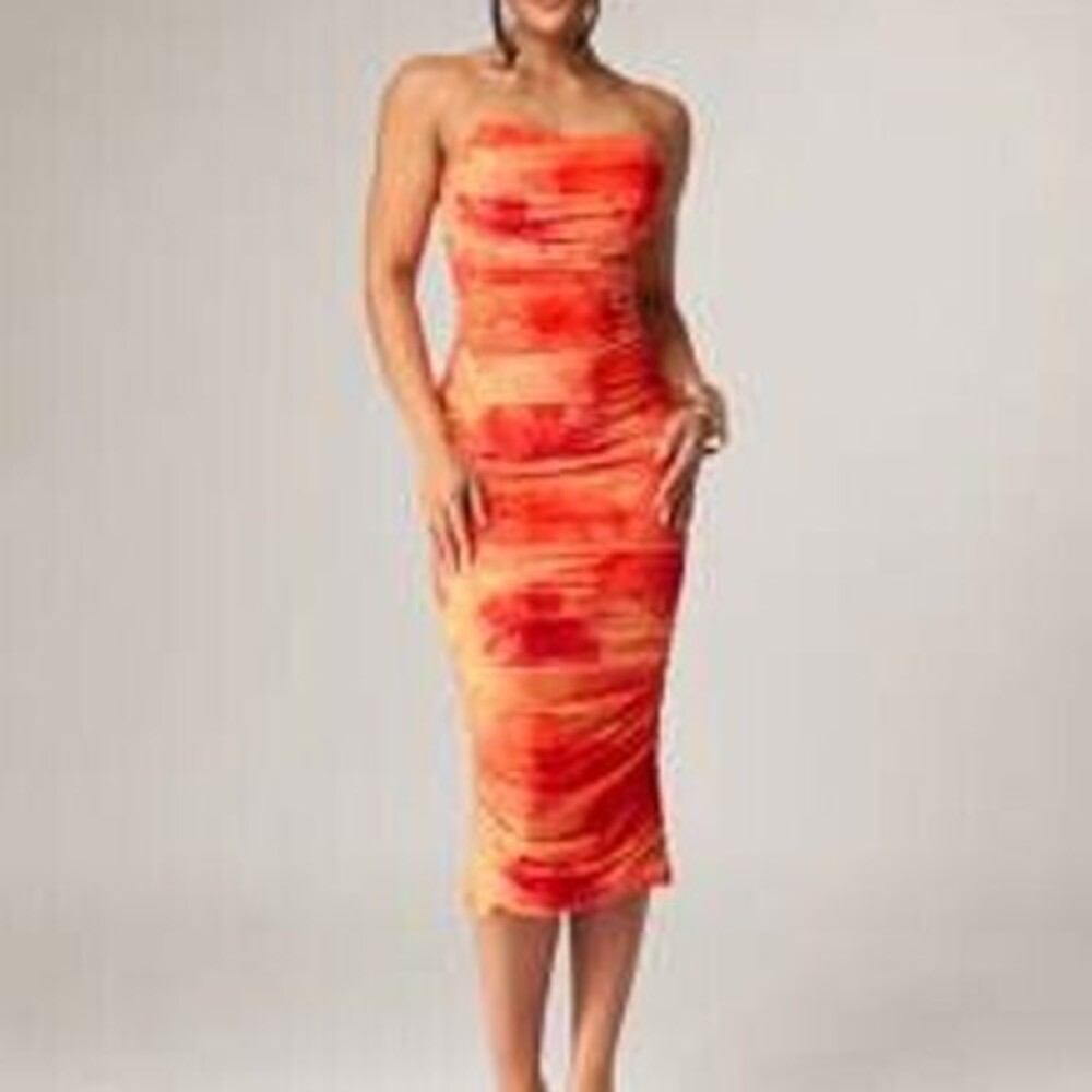 Silquee Orange Elegant Floral Romantic Print Dress, Stretch Mesh Fitted Dress, …
